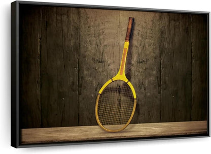 ElephantStock Vintage Tennis Racket Wall Art - Horizontal Framed Canvas - 1-Piece Living Room Wall Decor - Photography Sports Canvas Print - Brown and Black Decor for Wall - 31" X 21"