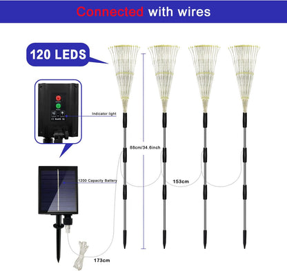 Outdoor Solar Garden Lights, 4 Pack 120 LED Copper Wire Waterproof Garden Fireworks Lamp with Remote, 8 Modes Decorative Sparkles Stake Landscape Light for Pathway Lawn Decor (Colorful)