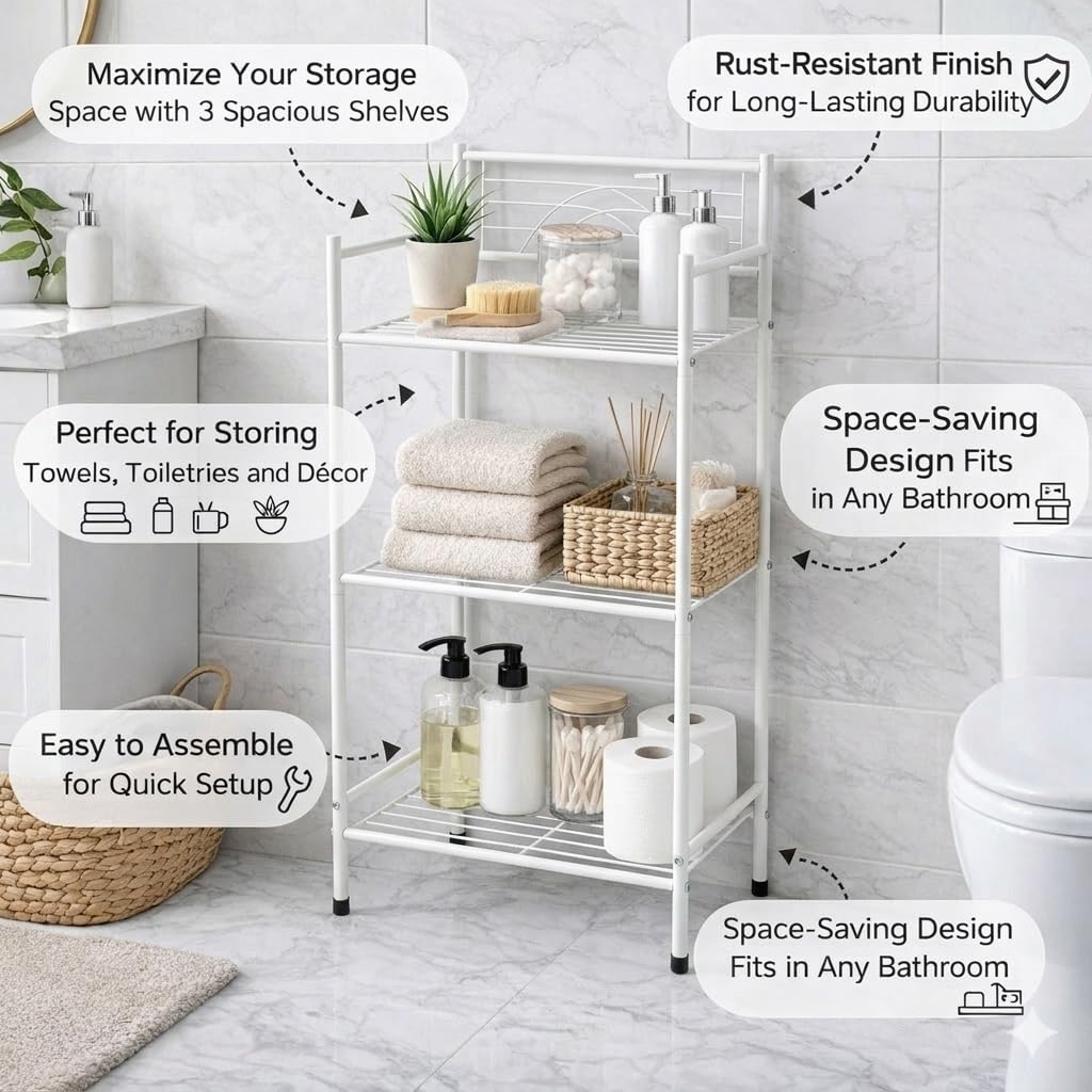 Bath Bliss 3 Tier Freestanding Bathroom Storage Shelf, White Metal Organizer Rack | Rust Resistant