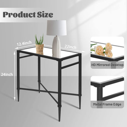Black End Table, Rectangle Side Table with Mirrored Top, Modern Metal End Table, Small Narrow Side Table for Living Room, Balcony, 22" L x 12.4" W x 24" D