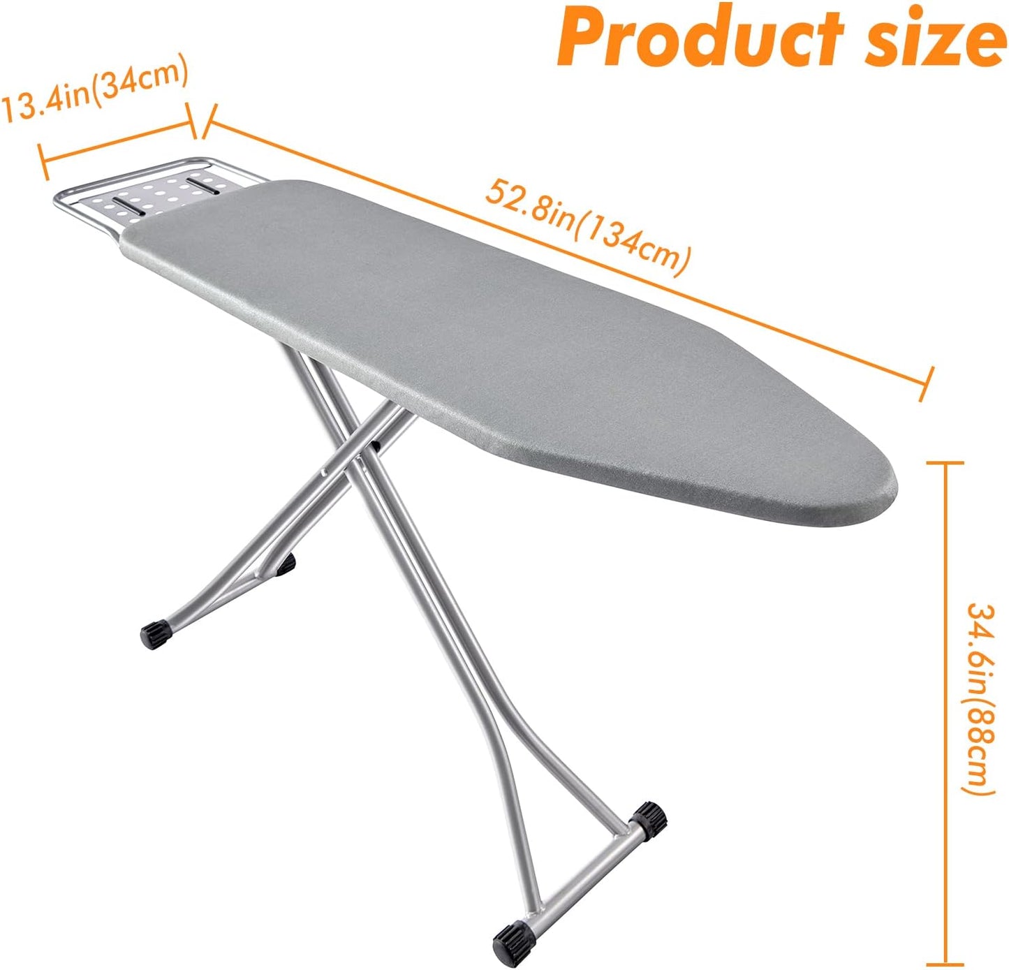 Ironing Board, Heat Resistant Cover Iron Board with Steam Rest, Non-Slip Foldable Ironing Stand. Heavy Sturdy Metal Frame Legs Iron Stand(13 * 34 * 53 Inches) (Silver Gray)