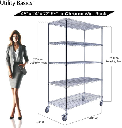 48"x24"x72" Chrome 5-Tier PREMIUM Wire Shelving NSF 4000 LBS MAX CAPACITY Heavy Duty Steel Storage Rack for Warehouses, Garages, Hospitals, Commercial Spaces, & Schools w/PREMIUM WHEELS