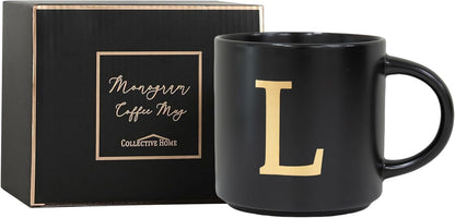 COLLECTIVE HOME - Monogram Ceramic Mugs, 15 oz Golden Initial Black Coffee Cups, Elegant Alphabet Tea Mugs, Elegant Personalized Mug with Gift Box, Unique Mug with Double Side Capital Lette (L)