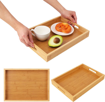 3 Pack Large Bamboo Serving Tray with Handles, 14 x 10 inch Wooden Dinner Tray, Home Kitchen Breakfast Trays for Living Room Bedroom Kitchen Dinner Table, Picnic