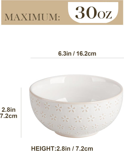 MALACASA Cereal Bowls, 30 Ounce Ceramic Soup Bowl for Kitchen, Stoneware Bowls Set of 4 with Embossment for Pho, Chip, Fruits, Salad, Noodle, Ramen - 6 Inch, Arctic White Series LYDIA