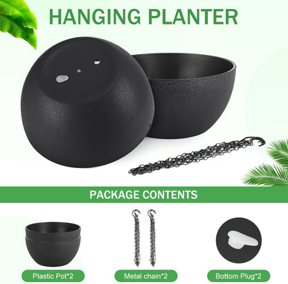13 inch Hanging Planters for Indoor Plants, 2 Pack Planters for Outdoor Plants with Drainage Holes and Chain, Round Plastic Hanging Baskets, Hanging Flower Pots for Balcony Garden Decor-Black