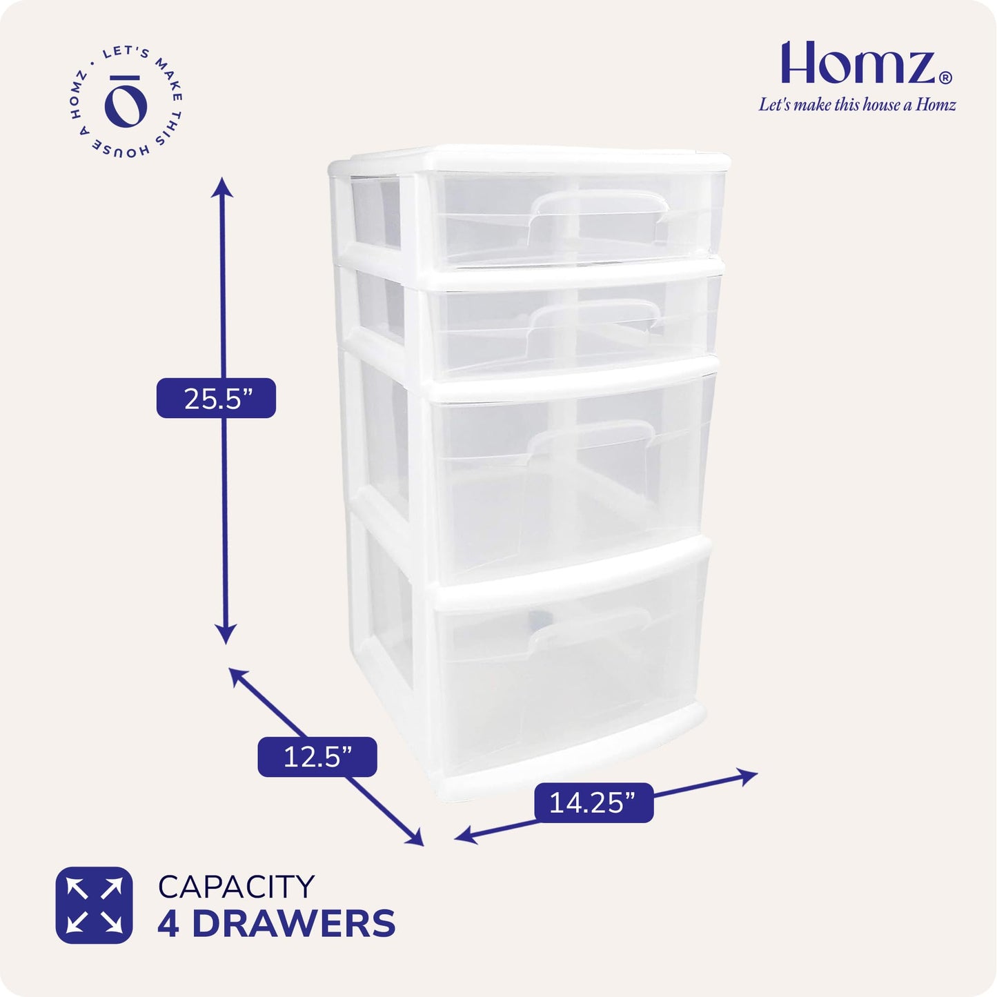 HOMZ Drawer Tower, 4-Tier Clear Plastic Storage Organizer Cart, White Frame - Rolling Drawers with