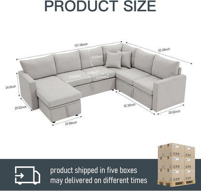 7 - Seater Sofa Bed, Large U - Shaped Modular Sectional Sofa, Oversized Pull - Out Sleeper with Storage for Living Room, Light Grey
