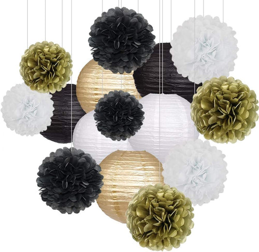 Black Gold Party Decorations, Black Gold Paper Lanterns and Pom Poms Flowers for Birthday Party Graduation Masquerade New Years Party Decor 15PCS