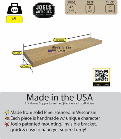 joelsantiques 42 Inch Wooden Floating Shelves for Wall - 42x8x2 in - Made of Natural Wood - Heavy Duty Rustic Wall Shelves Made in USA - Perfect for Living Room, Kitchen - Natural