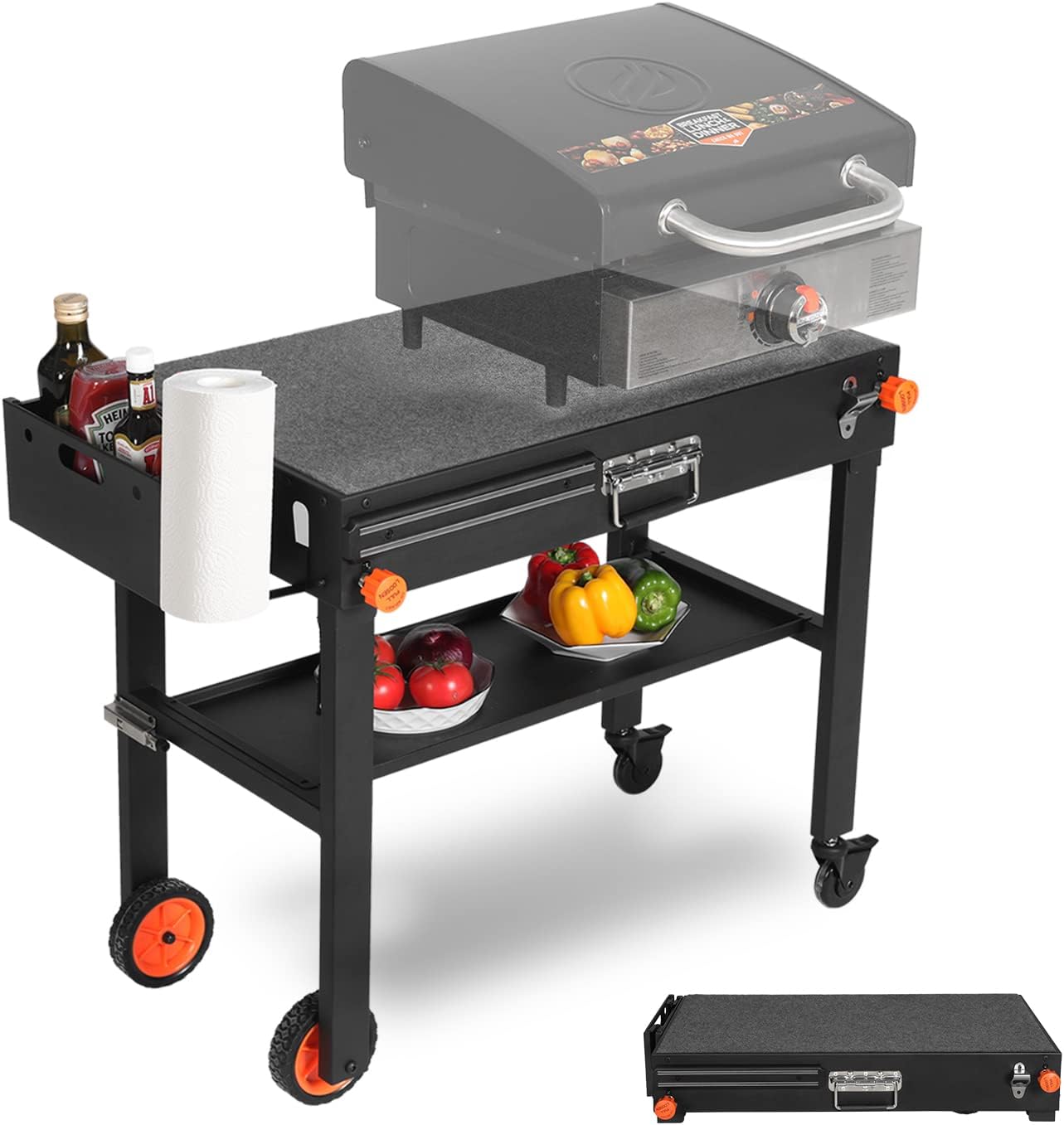Portable Outdoor Grill Table, Folding Grill Cart Solid and Sturdy, Blackstone Griddle Stand Large Space, Blackstone Table with Paper Towel Holder, Grill Stand for Blackstones Griddle, Ninja Grills etc