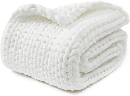 YnM Chunky Throw Blanket, Medium-Weight, Hand Knitted, Skin Friendly, Ventilated and Breathable, Machine Washable, Home Décor Piece for Couch, Sofa and Bed (White, 60x80 Inch)