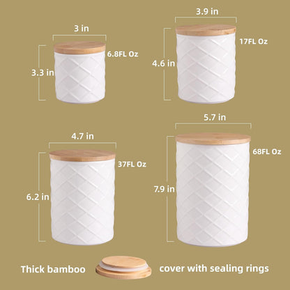 Sweejar Ceramic Canisters Sets for Kitchen Countertop, Relief Food Storage Jar with Bamboo Lid, Stackable Container for Flour, Coffee, Pasta, Cereal, Tea, Cookies, Sugar, Spices, Pack of 4 (White)