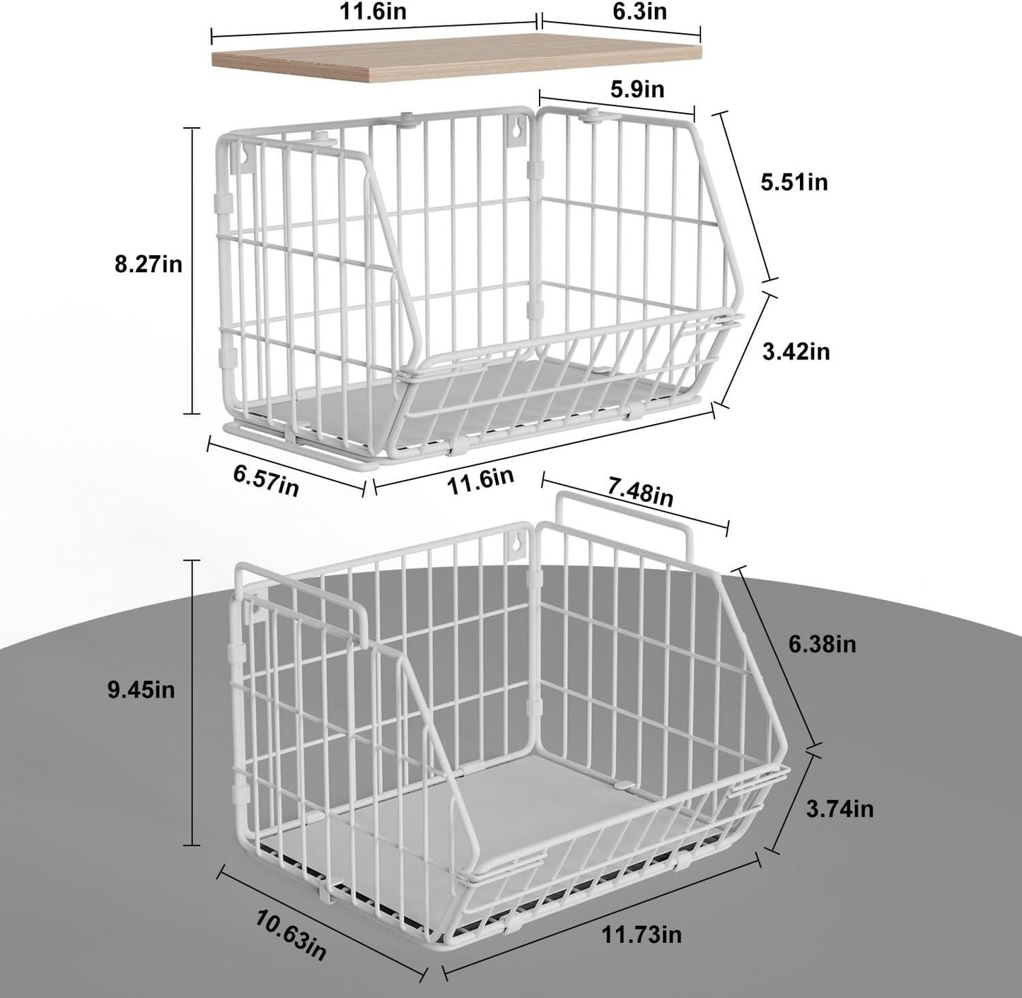 Wetheny 2 Tier Stackable Wall Mounted Wire Basket Fruit Basket with Wood Lid - Kitchen Pantry Organization and Storage, Hanging Storage Basket for fruits, Onion, Potato, Produce, Vegetable (White)