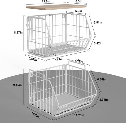 Wetheny 2 Tier Stackable Wall Mounted Wire Basket Fruit Basket with Wood Lid - Kitchen Pantry Organization and Storage, Hanging Storage Basket for fruits, Onion, Potato, Produce, Vegetable (White)