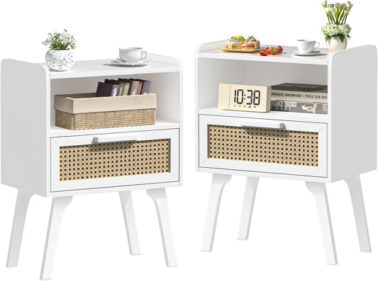 Lerliuo Rattan Nightstands Set of 2, Bedside Table with Drawer Open Shelf, Cane Accent Side End