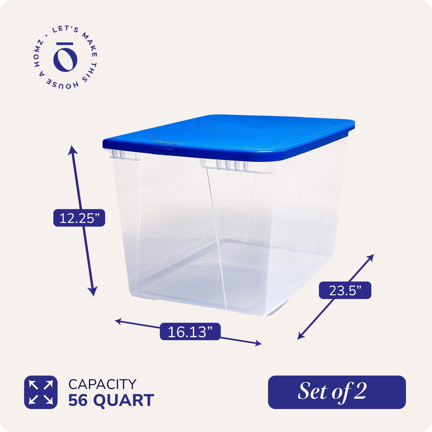 HOMZ 2-Pack Snaplock, Large Clear Plastic Storage Organizer Bins w/Lids, 56 Quart, Blue - Stackable