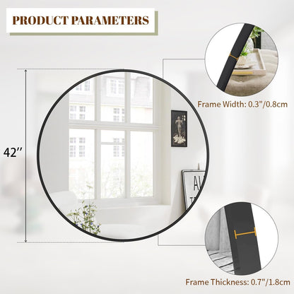 BEAUTYPEAK 42 Inch Round Mirror, Metal Frame Circle Mirror, Wall Mounted for Entryway, Bathroom, Vanity, Living Room, Black