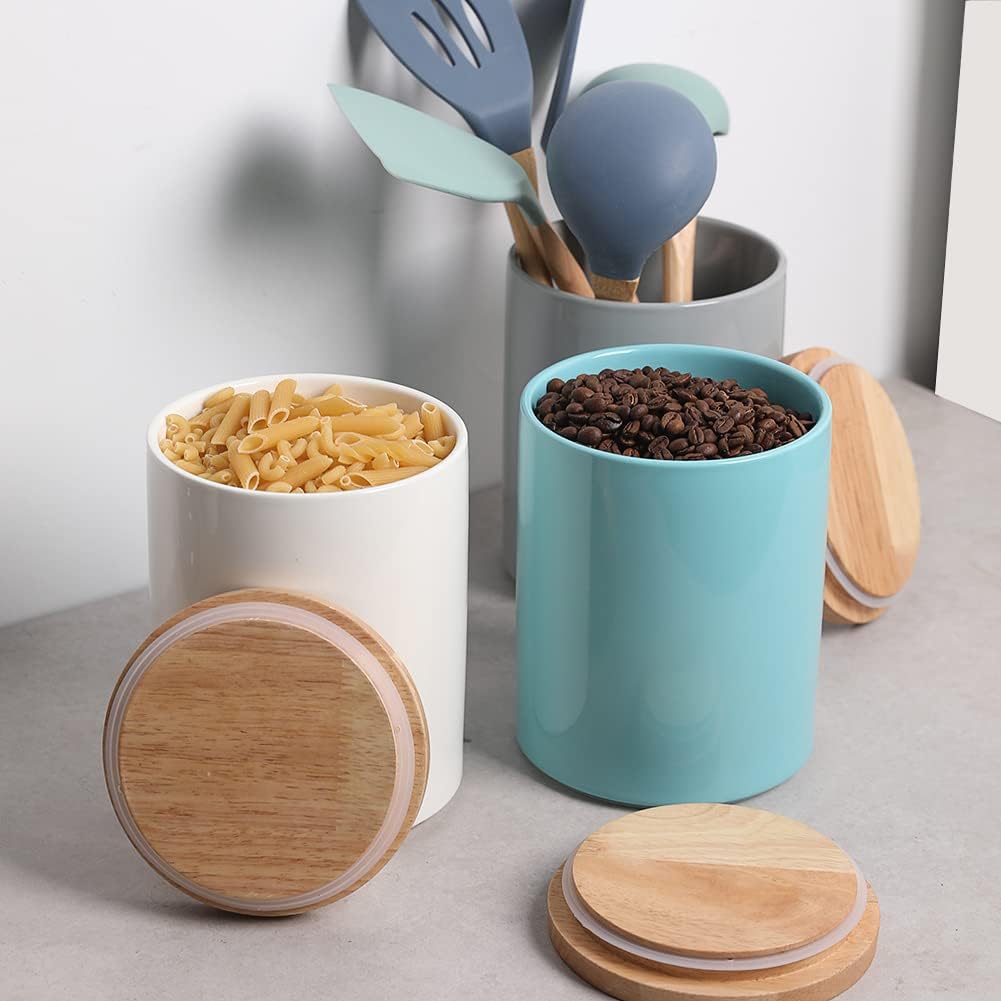 Sweejar Kitchen Canisters Ceramic Food Storage Jar, Stackable Containers with Airtight Seal Wooden Lid for Serving Coffee Bean, Flour, Tea, Cookies and More - 73 Fl Oz(White)