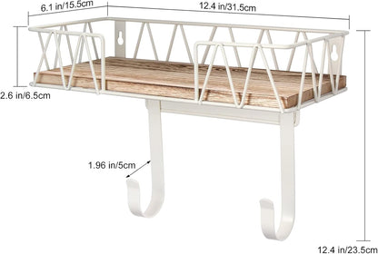 TJ.MOREE Ironing Board Hanger Wall Mount - Laundry Room Decor Iron and Ironing Board Holder with Large Storage Wooden Base Basket and Removable Hooks(T&V Shaped) Cream