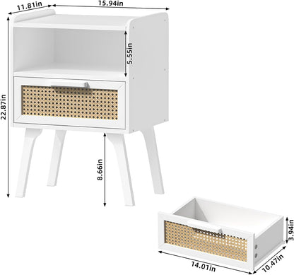 Lerliuo Rattan Nightstand, Bedside Table with Drawer Open Shelf, Cane Accent Side End Table with Solid Wood Legs, White Mid Century Night Stand for Bedroom, Dorm and Small Spaces