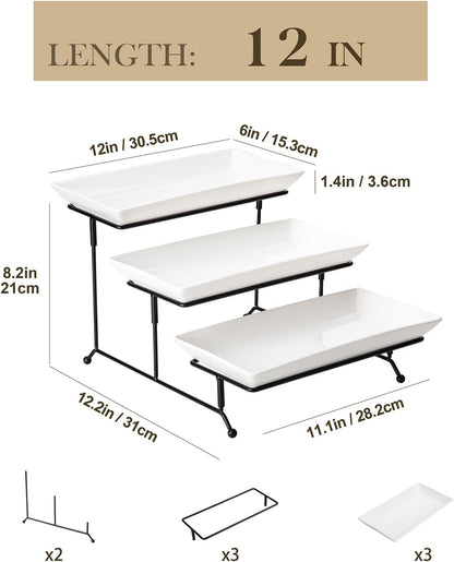 MALACASA 3 Tier Serving Trays for Party, Porcelain Serving Platters and Trays, 12 Inch Tiered Tray Stand, Fruit Tray, Trays for Serving Food, White Dessert Stand with Collapsible Sturdier Metal Rack