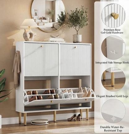 Nicetree White Shoe Cabinet for Entryway, 4 Flip Drawers Shoe Storage Cabinet with Tiered Fluted