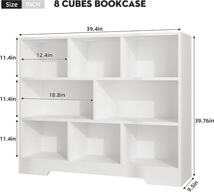 Book Shelf, 8 Cubes Storage Organizer, 3-Tier Open Shelf Wooden Bookcase, Freestanding White Bookshelf Cube Shelf for Bedroom, Living Room, Home Office