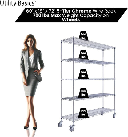 60"x18"x72" Chrome 5-Tier PREMIUM Wire Shelving NSF 4000 LBS MAX CAPACITY Heavy Duty Steel Storage Rack for Warehouses, Garages, Hospitals, Commercial Spaces, & Schools w/PREMIUM WHEELS