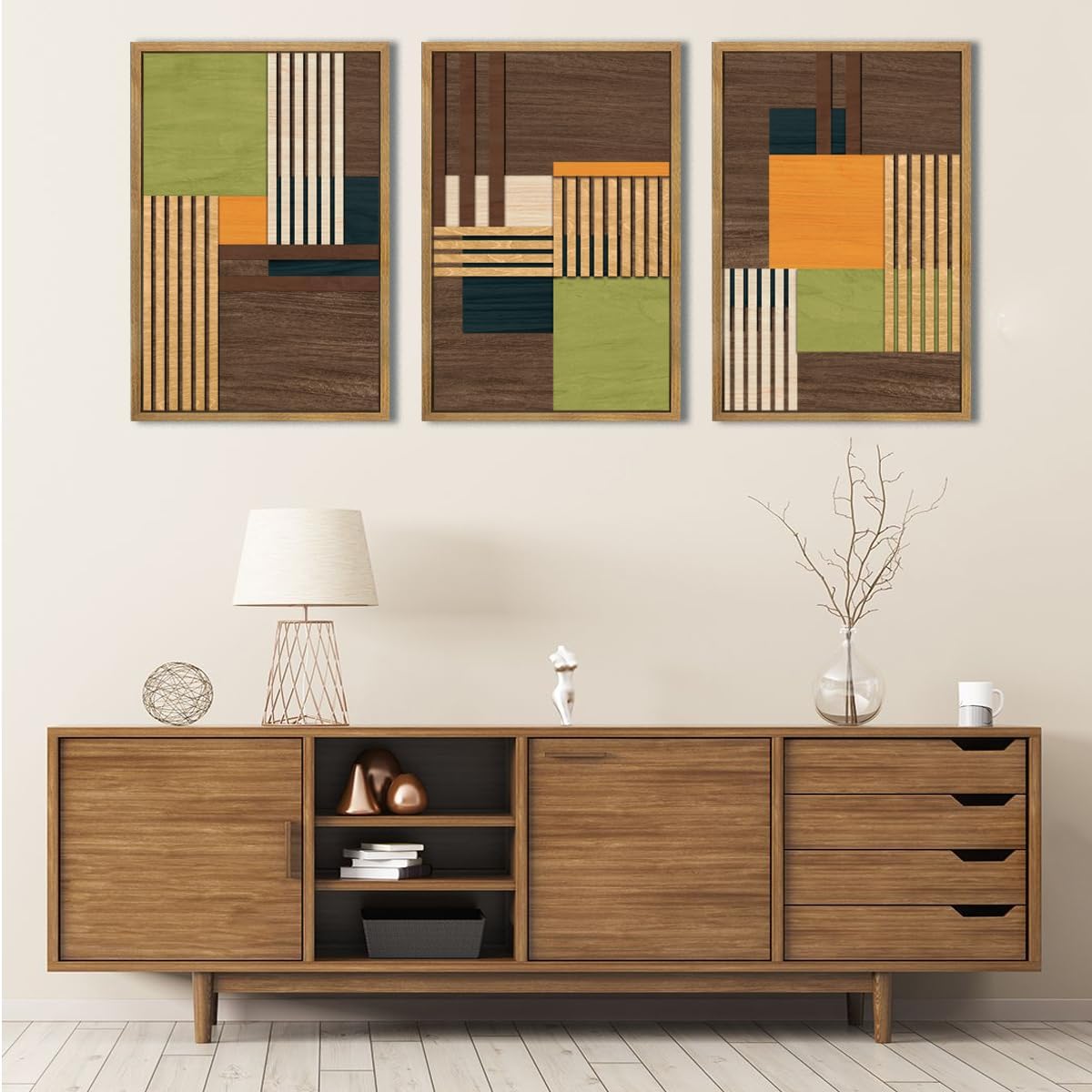 Large Modern Abstract Wall Art Set Minimalist Line Wood Wall Decor Neutral Brown Art Decor Colorful Geometric Wooden Wall Sculptures for Living Room Bedroom Office-16x24Inchx3