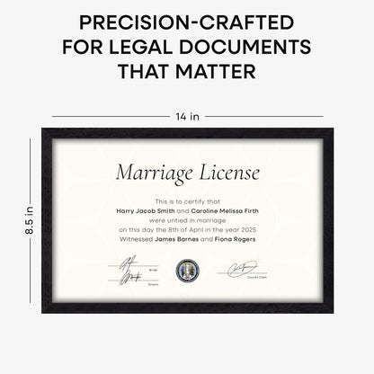 Homeforia 8.5x14 Marriage License Frame Black, High End Oak 8.5x14 Certificate Black Wood Frames, 8.5by14 Wooden Frame for Wall & Tabletop, 8.5 by 14 Picture Frames, Tempered Glass, Wall Kit, Set of 1