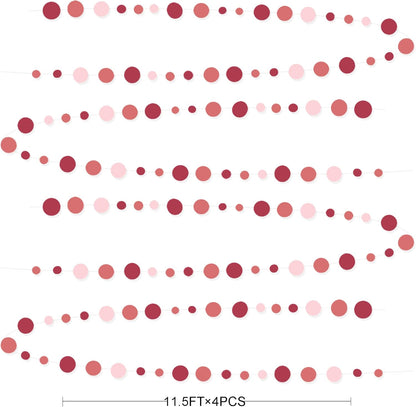 Burgundy Dusty Pink Decorations Circle Dot Garland Maroon Pink Hanging Polka Dot Streamer Banner for Wedding Birthday Bridal Shower Engagement Baby Shower Graduation Anniversary Garnet Party Supplies