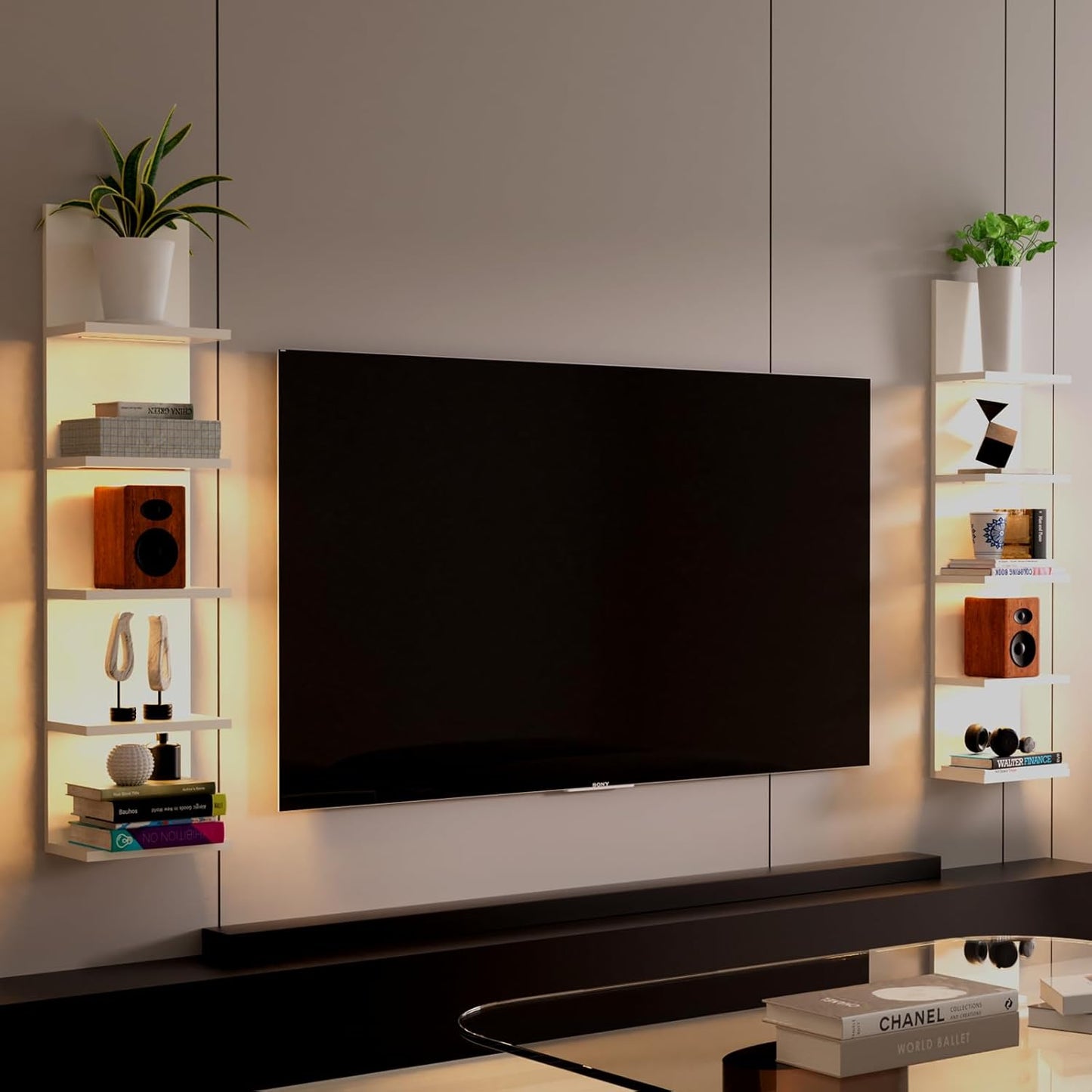 5 Tier Wall Shelf with Light, White Modern Vertical Lack Wall Shelves, Wall Mount, Floating Column Home Decor Shelves for Bedroom, Living Room, Vanity Storage Display