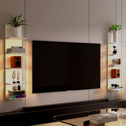 5 Tier Wall Shelf with Light, White Modern Vertical Lack Wall Shelves, Wall Mount, Floating Column Home Decor Shelves for Bedroom, Living Room, Vanity Storage Display