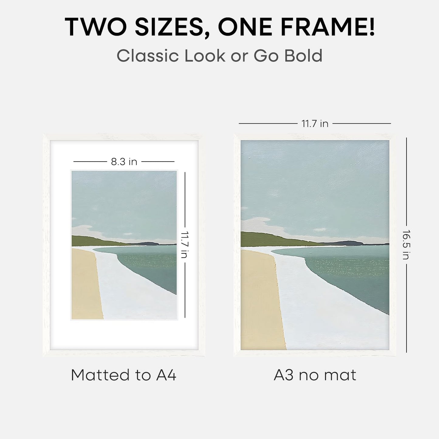 Homeforia A3 Picture Frame White Wood, High-End Oak 11.7 x 16.5 White Poster Frames Matted to 8.3 by 11.7 Photo, 11.7x16.5 Size Wooden Frame with Mat 8.3x11.7 Print, Tempered Glass, Wall Kit, Set of 1