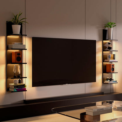 5 Tier Wall Shelf Unit, Black Modern Vertical Lack Wall Shelves with Light, Wall Mount, Floating Column Home Decor Shelves for Bedroom, Living Room, Vanity Storage Display