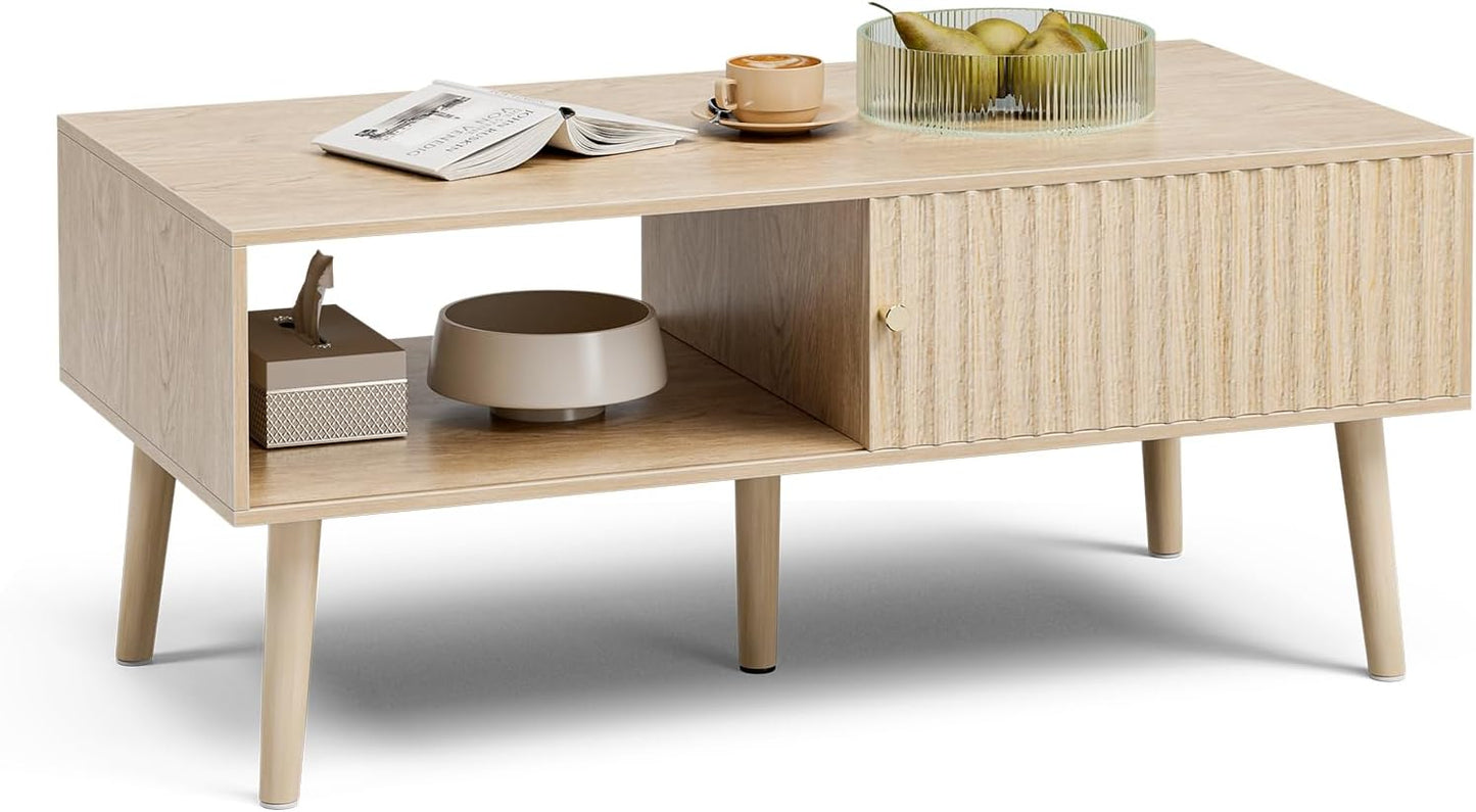 Coffee Table with Storage, Boho Dining Table with Sliding Fluted Door and Solid Wood Legs, Small Coffee Tables for Living Room, Oak