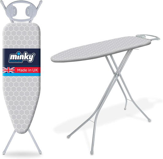 Minky Homecare Classic 4-Leg Ironing Board with Iron Rest - Freestanding Full Size Iron Board for