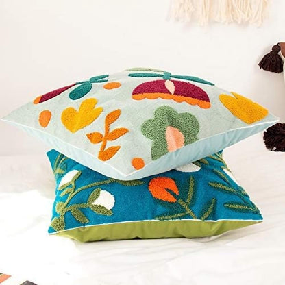 MOCOFO Canvas Embroidered Flower Pillow Case Spring Embroidery Craft Modern Simple Throw Pillow Cover for Sofa,Bedroom,Office (Wild Fruit, 18x18’’)