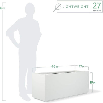 PolyStone Milan Tall Modern Outdoor/Indoor Rectangular Trough Planter, 46" L X 17" W X 19" H, Lightweight, Heavy Duty, Weather Resistant, Polymer Finish, Commercial and Residential (White)