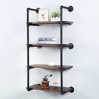 Industrial Pipe Shelving Wall Mounted,24in Rustic Metal Floating Shelves,Steampunk Real Wood Book Shelves,Wall Shelf Unit Bookshelf Hanging Wall Shelves,Farmhouse Kitchen Bar Shelving(4 Tier)
