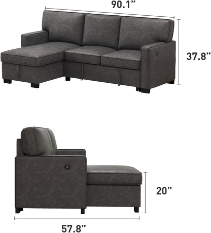 EBELLO Convertible Sleeper Sofa 3 in 1, Faux Leather Modern L-Shaped Couches for Living Room, Pull Out Sectional Futon Sofa Bed with Storage Space, USB Ports and Cup Holders for Bedroom