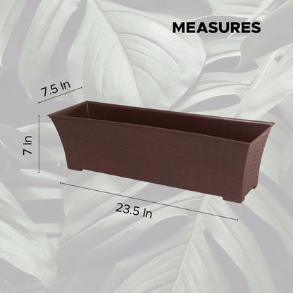 Elly Décor Set of 2 24x8 Rectangular Modern, Resistant and Self Watering Planter with Rattan-Like Finish, 24", Chocolate Brown