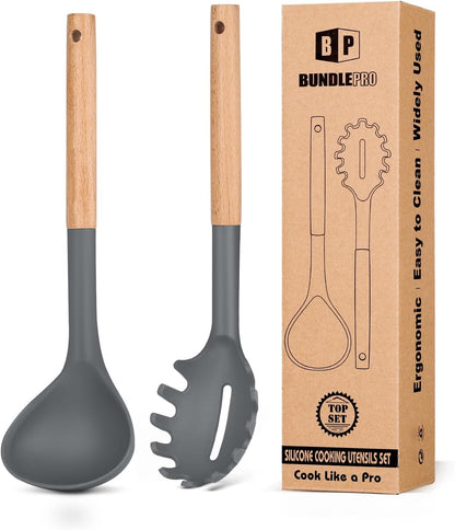 Silicone Pasta Fork and Ladle Spoon Set with Wooden Handle, Heat Resistant Non Stick Kitchen Utensils for Cooking, Stirring, Serving Spaghetti, Soup, Sauce(GRAY)