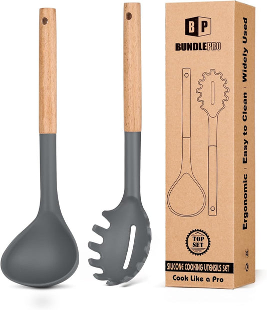 Silicone Pasta Fork and Ladle Spoon Set with Wooden Handle, Heat Resistant Non Stick Kitchen