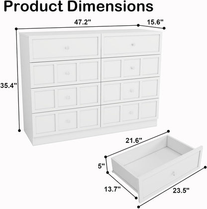 Wood Dresser for Bedroom 8 Drawer: 47" White Chest of Drawers Wood, Modern Fluted Cabinet with Sturdy Storage, Wide Aesthetic Furniture for Room Organization