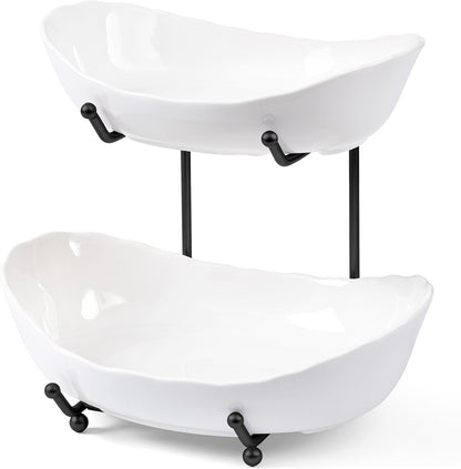 HBlife Fruit Bowl for Kitchen Counter - 2 Tier Ceramic Fruit Rack, Fruit Basket for Fresh Fruit&Veggies, Tiered Fruit Platter Serving Trays for Party