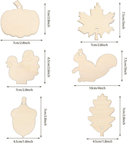 60 Pieces Fall Thanksgiving Unfinished Wooden Ornaments Maple Leaves Pumpkin Wood Cutout Squirrel Acorn Blank Wooden Ornament for Thanksgiving Party DIY Decor Supplies, 6 Styles