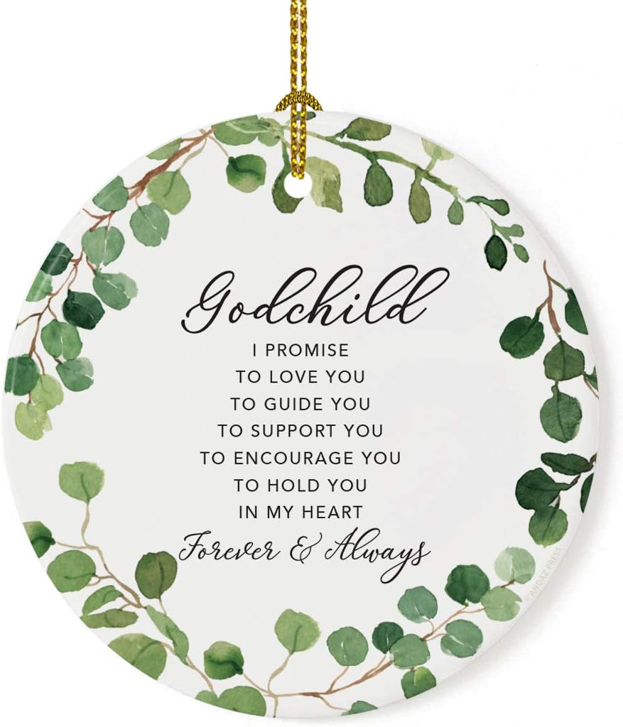 Andaz Press Round Ceramic Porcelain Christmas Tree Ornament Keepsake Collectible Gift, Godchild I Promise to Love You, Farmhouse Eucalyptus Wreath, 1-PackBaby Shower Baptism Christening Gift Ideas