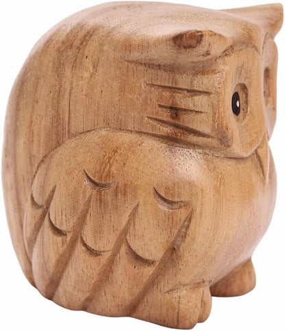 Thai Wooden Hand Carved Wooden Owl Statue, Sculpture Art Decorative Rustic Home Decor Accent Handmade Handcrafted Decoration Natural Color (Owl)